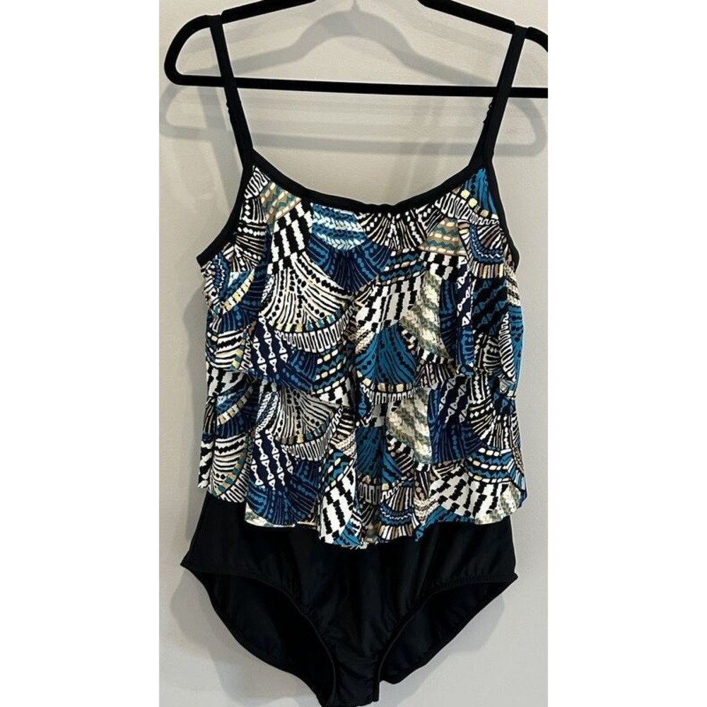 Maxine of Hollywood One Piece Swimsuit Black Teal Gold Tiered Ruffles 16W